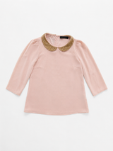 Elegant Pink Blouse Gold Beaded Collar Vintage Chic, Size XS/S