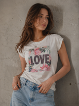 White Love Graphic T-Shirt Women Floral Print Casual Y2K Tee, Size S