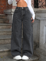 Vintage Wide Leg Cargo Jeans Washed Black Y2K Baggy Denim, Size S