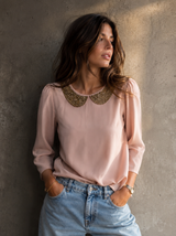 Elegant Pink Blouse Gold Beaded Collar Vintage Chic, Size XS/S