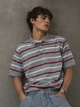 Vintage Striped Polo Shirt Grey Red Oversized Y2K Fit, Size XL