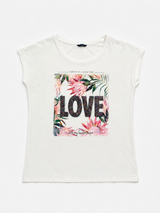 White Love Graphic T-Shirt Women Floral Print Casual Y2K Tee, Size S