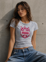Puma Grey Pink Graphic T-Shirt Women Y2K Sport Tee, Size XS/S