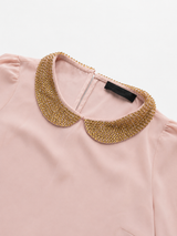Elegant Pink Blouse Gold Beaded Collar Vintage Chic, Size XS/S