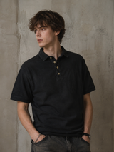 Vintage Minimal Black Polo Shirt Relaxed Boxy Fit Y2K Essential, Size XL