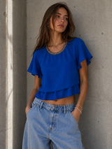 Vintage Royal Blue Layered Blouse Elegant Y2K, Size XS/S