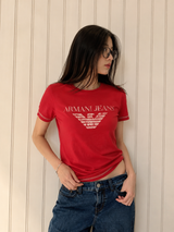 Armani Jeans Red Logo T-Shirt Women Vintage Designer Tee, Size S