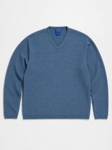 Vintage Blue Textured V-Neck Sweater Men Minimal Knit Pullover, Size XL