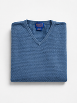 Vintage Blue Textured V-Neck Sweater Men Minimal Knit Pullover, Size XL