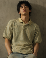 Vintage Striped Polo Shirt Beige Olive Oversized Y2K, Size XL