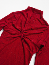 Red Glitter Ruched Long Sleeve Party Top Y2K, Size XS/S