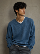 Vintage Blue Textured V-Neck Sweater Men Minimal Knit Pullover, Size XL