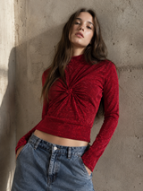 Red Glitter Ruched Long Sleeve Party Top Y2K, Size XS/S