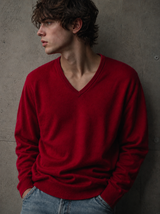 Vintage Red V-Neck Knit Sweater Men Minimal Essential Pullover, Size XL