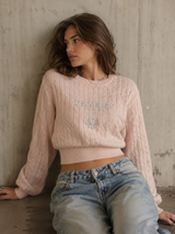 Cute Pink Cable Knit Cropped Sweater Coquette Vintage, Size XS/S